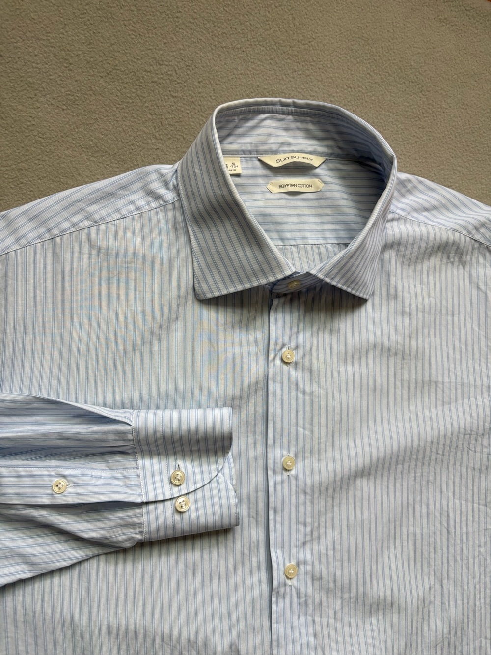 Suitsupply Albini Egyptian Cotton Slim Fit Dress Shirt Blue White Striped 17 3/4
